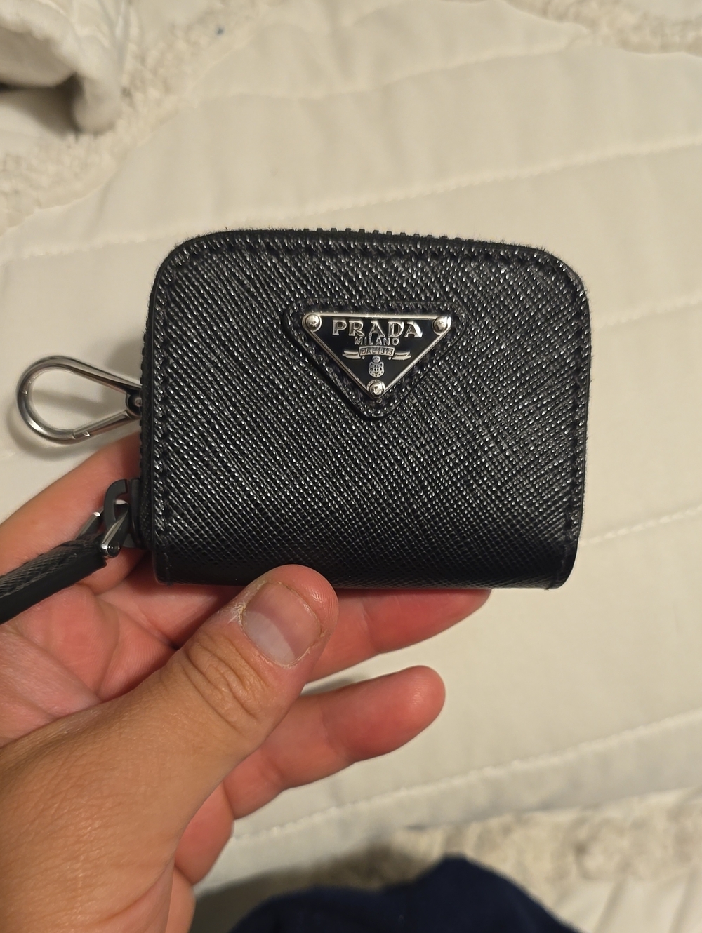 Prada Black Saffiano Zip Key & Card Holder with Silver Logo